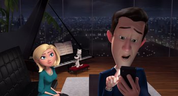 Movie still from “Mr. Peabody & Sherman” (2014), directed by Rob Minkoff – A man and a woman are looking at a phone; Medium shot, Over the shoulder angle