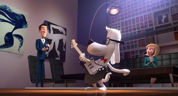 Movie still from “Mr. Peabody & Sherman” (2014), directed by Rob Minkoff – A cartoon dog playing a guitar in front of a man; Wide shot, Over the shoulder angle