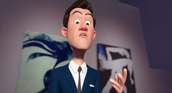 Movie still from “Mr. Peabody & Sherman” (2014), directed by Rob Minkoff – An animated man in a blue suit and tie; Medium shot, High angle