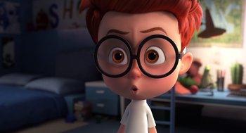 Movie still from “Mr. Peabody & Sherman” (2014), directed by Rob Minkoff – A cartoon boy wearing glasses and a t - shirt; Close Up shot, Over the shoulder angle
