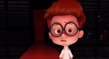 Movie still from “Mr. Peabody & Sherman” (2014), directed by Rob Minkoff – An animated boy with red hair wearing glasses; Close Up shot, Over the shoulder angle