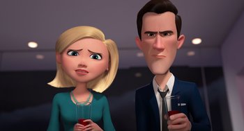 Movie still from “Mr. Peabody & Sherman” (2014), directed by Rob Minkoff – A woman and a man holding a glass of red wine; Close Up shot, Over the shoulder angle