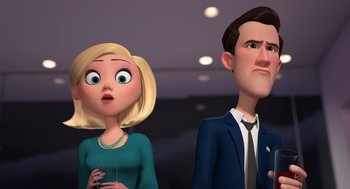 Movie still from “Mr. Peabody & Sherman” (2014), directed by Rob Minkoff – A cartoon of a woman and a man standing next to each other; Close Up shot, Over the shoulder angle