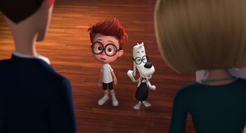Movie still from “Mr. Peabody & Sherman” (2014), directed by Rob Minkoff – A couple of people standing next to each other on a wooden floor; Medium shot, Over the shoulder angle