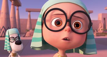 Movie still from “Mr. Peabody & Sherman” (2014), directed by Rob Minkoff – An animated character wearing a head scarf and wearing glasses; Close Up shot, Low angle