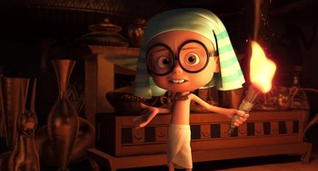Movie still from “Mr. Peabody & Sherman” (2014), directed by Rob Minkoff – An image of an animated character in a scene from a movie; Medium shot, Over the shoulder angle
