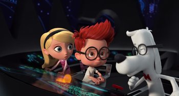 Movie still from “Mr. Peabody & Sherman” (2014), directed by Rob Minkoff – A couple of cartoon characters sitting next to each other on a table; Medium shot, Over the shoulder angle