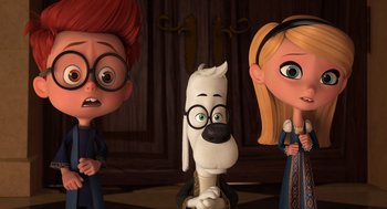 Movie still from “Mr. Peabody & Sherman” (2014), directed by Rob Minkoff – A couple of cartoon characters standing next to each other; Medium shot, Over the shoulder angle