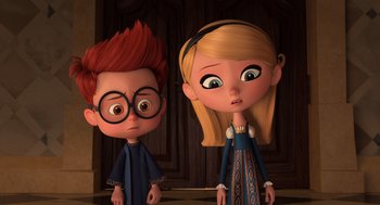 Movie still from “Mr. Peabody & Sherman” (2014), directed by Rob Minkoff – A couple of people that are standing next to each other; Medium shot, Over the shoulder angle