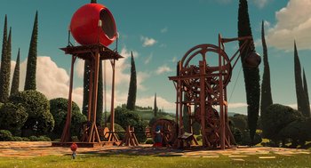 Movie still from “Mr. Peabody & Sherman” (2014), directed by Rob Minkoff – An outdoor scene with a red ball and a wooden structure; Extreme Wide shot, Low angle