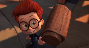 Movie still from “Mr. Peabody & Sherman” (2014), directed by Rob Minkoff – A cartoon boy holding a log with a big smile on his face; Medium shot, High angle