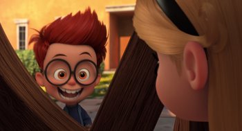 Movie still from “Mr. Peabody & Sherman” (2014), directed by Rob Minkoff – A boy and a girl looking at each other through a fence; Medium shot, Over the shoulder angle