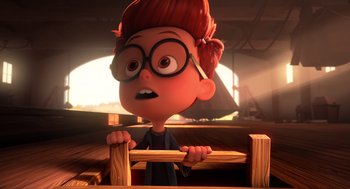 Movie still from “Mr. Peabody & Sherman” (2014), directed by Rob Minkoff – A cartoon girl with glasses is looking over a fence; Medium shot, Over the shoulder angle