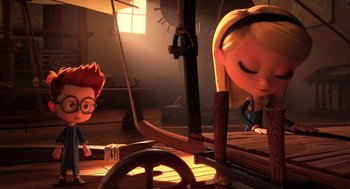 Movie still from “Mr. Peabody & Sherman” (2014), directed by Rob Minkoff – Two cartoon characters are sitting on a boat; Wide shot, High angle