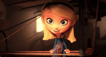 Movie still from “Mr. Peabody & Sherman” (2014), directed by Rob Minkoff – A cartoon of a girl with blonde hair and a blue dress; Medium shot, Over the shoulder angle