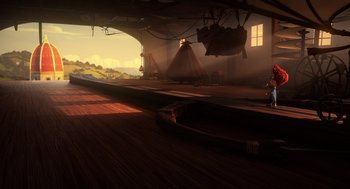 Movie still from “Mr. Peabody & Sherman” (2014), directed by Rob Minkoff – An empty train station is shown in a dimly - lit setting; Extreme Wide shot, Low angle