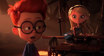 Movie still from “Mr. Peabody & Sherman” (2014), directed by Rob Minkoff – A girl and a boy sitting next to each other in front of a wagon; Medium shot, Over the shoulder angle