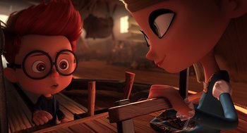Movie still from “Mr. Peabody & Sherman” (2014), directed by Rob Minkoff – A couple of people that are staring at each other; Wide shot, Over the shoulder angle
