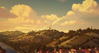 Movie still from “Mr. Peabody & Sherman” (2014), directed by Rob Minkoff – An airplane flying over a hilly area with houses in the background; Extreme Wide shot, Overhead angle