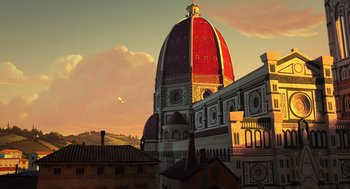 Movie still from “Mr. Peabody & Sherman” (2014), directed by Rob Minkoff – The dome of the cathedral is painted red; Extreme Wide shot, Low angle
