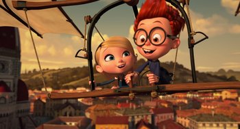 Movie still from “Mr. Peabody & Sherman” (2014), directed by Rob Minkoff – A couple of people that are sitting in a plane; Wide shot, High angle