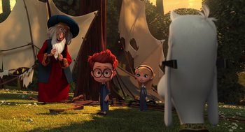 Movie still from “Mr. Peabody & Sherman” (2014), directed by Rob Minkoff – A group of people standing in the grass near trees; Wide shot, Over the shoulder angle