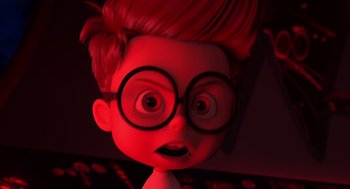 Movie still from “Mr. Peabody & Sherman” (2014), directed by Rob Minkoff – A cartoon of a boy with a red wig and glasses; Close Up shot, Low angle