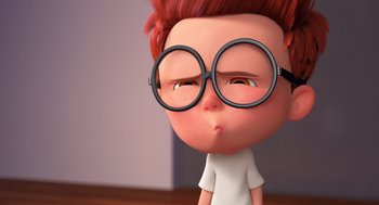 Movie still from “Mr. Peabody & Sherman” (2014), directed by Rob Minkoff – A cartoon character with glasses; Close Up shot, Over the shoulder angle