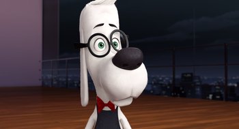 Movie still from “Mr. Peabody & Sherman” (2014), directed by Rob Minkoff – A cartoon dog wearing glasses and a bow tie; Close Up shot, High angle