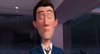 Movie still from “Mr. Peabody & Sherman” (2014), directed by Rob Minkoff – A cartoon of a man in a blue suit with his eyes closed; Close Up shot, Low angle