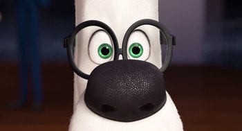Movie still from “Mr. Peabody & Sherman” (2014), directed by Rob Minkoff – A dog's face wearing glasses; Close Up shot, High angle