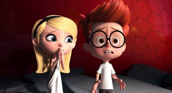 Movie still from “Mr. Peabody & Sherman” (2014), directed by Rob Minkoff – A couple of people that are standing next to each other; Close Up shot, Over the shoulder angle