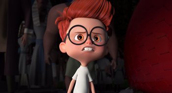 Movie still from “Mr. Peabody & Sherman” (2014), directed by Rob Minkoff – An animated boy with red hair wearing glasses; Close Up shot, Low angle