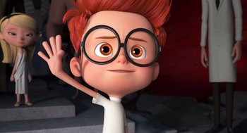 Movie still from “Mr. Peabody & Sherman” (2014), directed by Rob Minkoff – An animated character wearing glasses and a white shirt; Close Up shot, Low angle