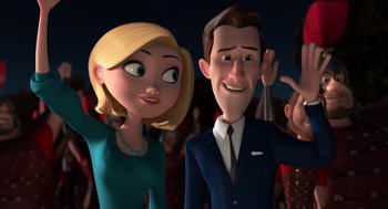 Movie still from “Mr. Peabody & Sherman” (2014), directed by Rob Minkoff – A cartoon of a man and a woman standing next to each other; Close Up shot, Over the shoulder angle