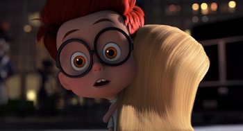 Movie still from “Mr. Peabody & Sherman” (2014), directed by Rob Minkoff – An animated girl with glasses and red hair; Close Up shot, Over the shoulder angle