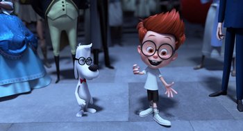 Movie still from “Mr. Peabody & Sherman” (2014), directed by Rob Minkoff – A boy and a dog standing next to each other on the sidewalk; Wide shot, Over the shoulder angle