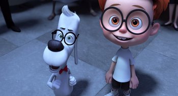 Movie still from “Mr. Peabody & Sherman” (2014), directed by Rob Minkoff – A dog and a boy are standing next to each other; Medium shot, Low angle