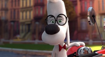 Movie still from “Mr. Peabody & Sherman” (2014), directed by Rob Minkoff – A dog wearing glasses and a bow tie; Close Up shot, Over the shoulder angle