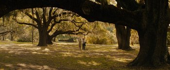 Movie still from “Mudbound” (2017), directed by Dee Rees – Two people are walking in a field under a tree; Extreme Wide shot, High angle