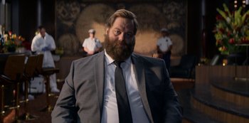 Movie still from “Murder Mystery” (2019), directed by Kyle Newacheck – A man in a suit and a tie; Medium shot, Low angle