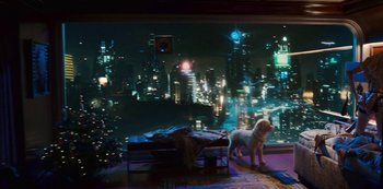 Movie still from “Mute” (2018), directed by Duncan Jones – A dog standing on a bed in front of a large window; Wide shot, High angle