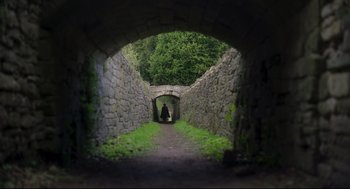 Movie still from “Men” (2022), directed by Alex Garland – A person is walking through a tunnel in the woods; Extreme Wide shot, Low angle