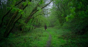 Movie still from “Men” (2022), directed by Alex Garland – A person walking through a lush green forest; Extreme Wide shot, High angle