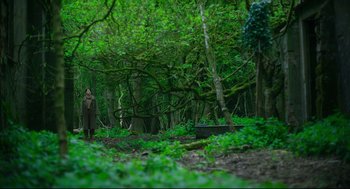 Movie still from “Men” (2022), directed by Alex Garland – A man standing in the middle of a forest; Extreme Wide shot, Low angle