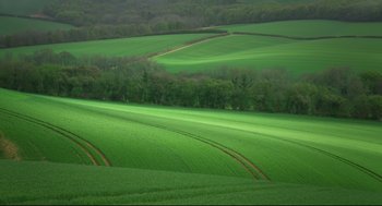 Movie still from “Men” (2022), directed by Alex Garland – A green field with trees in the background; Extreme Wide shot, High angle