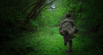 Movie still from “Men” (2022), directed by Alex Garland – A person walking through a lush green forest; Wide shot, High angle