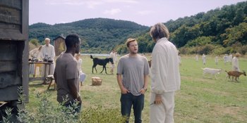 Movie still from “Midsommar” (2019), directed by Ari Aster – A group of people standing in a field with horses; Wide shot, Over the shoulder angle