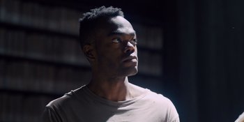 Movie still from “Midsommar” (2019), directed by Ari Aster – A man with a beard is looking up at the sky; Close Up shot, Low angle