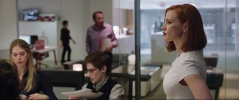 Movie still from “Miss Sloane” (2016), directed by John Madden – A woman standing in a room with a man and a boy; Medium shot, Over the shoulder angle